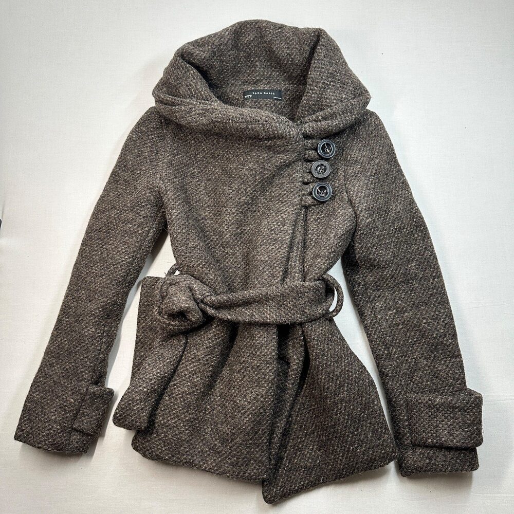 Grandmacore Zara Basic Tweed Boucle Hooded Belted Wool Coat Brown M